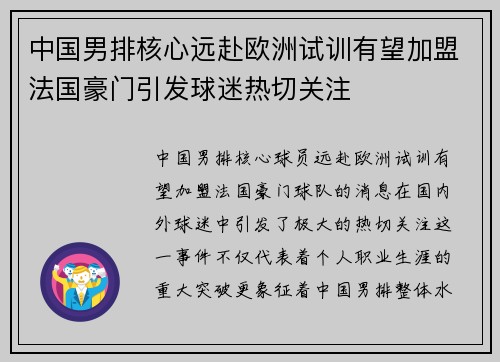 中国男排核心远赴欧洲试训有望加盟法国豪门引发球迷热切关注