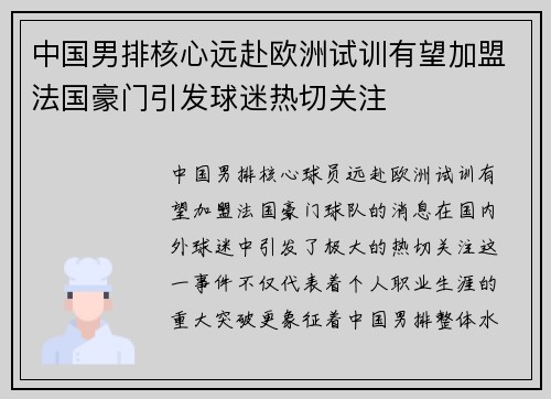 中国男排核心远赴欧洲试训有望加盟法国豪门引发球迷热切关注
