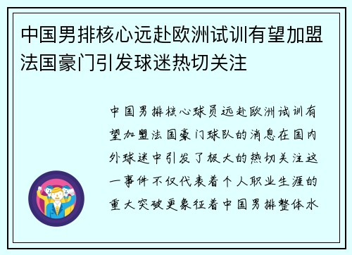 中国男排核心远赴欧洲试训有望加盟法国豪门引发球迷热切关注