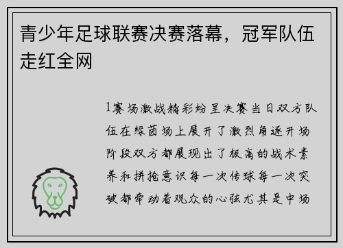青少年足球联赛决赛落幕，冠军队伍走红全网