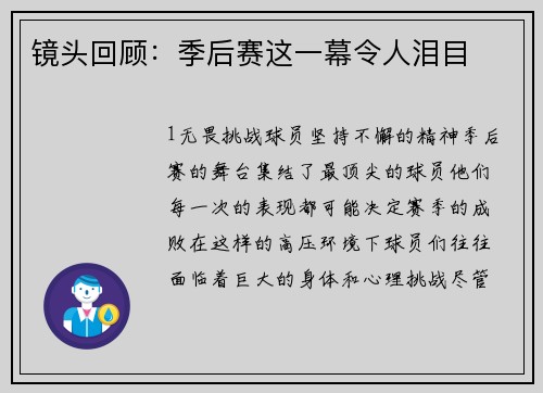 镜头回顾：季后赛这一幕令人泪目