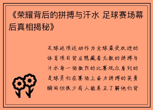 《荣耀背后的拼搏与汗水 足球赛场幕后真相揭秘》